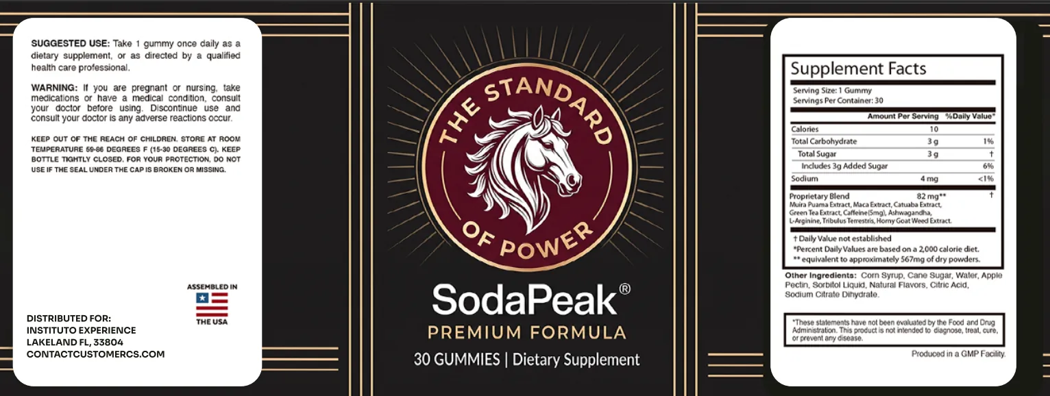SodaPeak Supplement Facts, suggested use and warning label